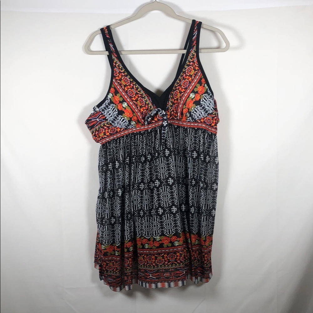 NWOT Boho Printed Empire Waist Swim Dress Black with Red & Orange Accents
